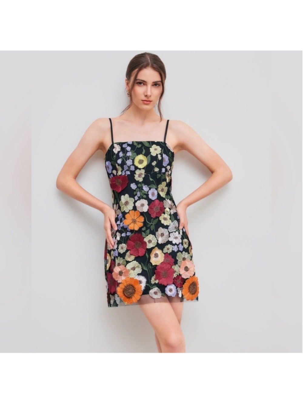 Cider JACQUARD SQUARE NECK COLORFUL FLORAL EMBROIDERY MINI DRESS M AB5-19